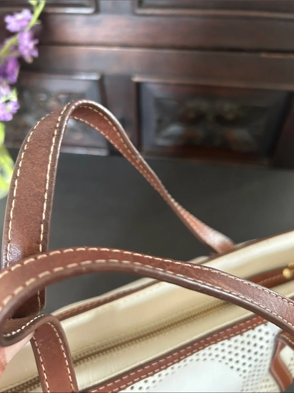 Fossil Cream and Brown Perforated Dot Tote